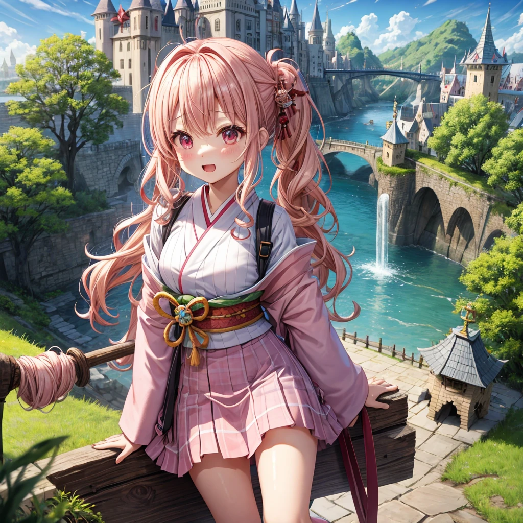 Pink Blonde、Red eyes、Wavy Hair、Hair tied up、Two cute、Checked mini skirt、kimono、Light clothing、Knee-high socks、Teeth are visible、Monster Castle、Tilting face、grass、In front of the city gates、Underground tunnels、Iron suspension bridge、The stone is cracked、Giant wood、There is a step on the ground、Piglet、it&#39;s raining、Holding a sword、Cobblestones