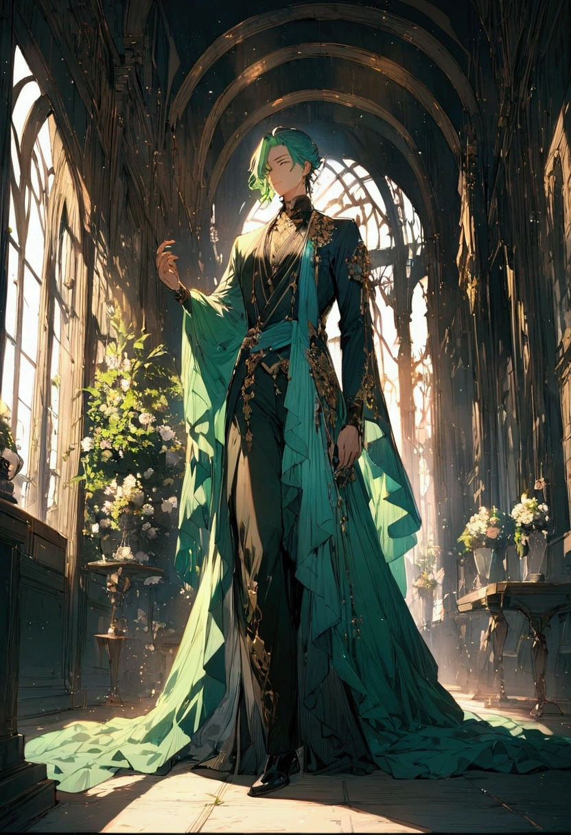 whole body, Half blue and half green hair, male, , beauty, tall