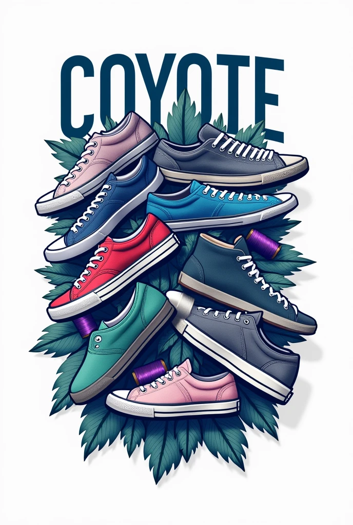 logo in a vertical way that says  "coyote" In the background, the different types of men&#39;s shoes, sneakers and women&#39;s shoes seem to be displayed with types of sewing threads in shades of blue., purples,greens, grises 