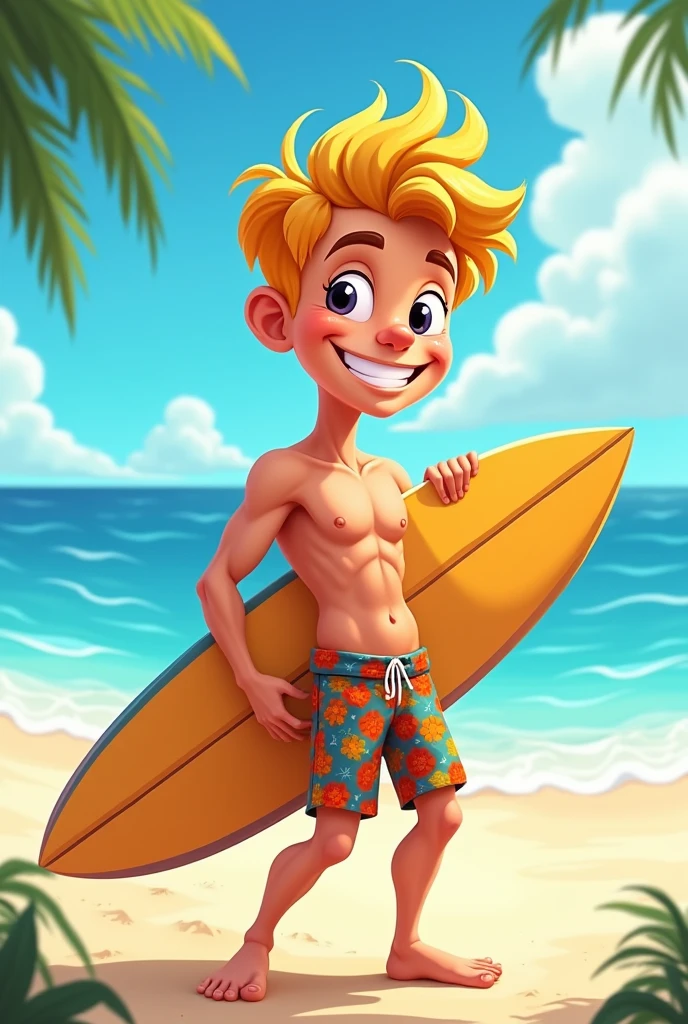 create a blond man on the beach with beach shorts without a shirt, holding a surfboard in his hand facing the sea, but the man must be like a children&#39;s cartoon  (cartoon)