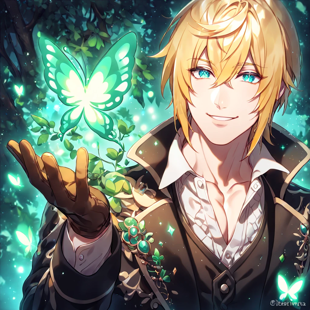 absurdres, highres, ultra detailed, HDR, master piece, best quality, extremely detailed, detailed eyes, Eizen, blonde hair, expressive turquoise eyes, Tales Of Beseria, solo, sexy man, sensual, handsome, smile, manly man, adult face, black coat, white shirt, black vest, unbuttoned shirt, brown gloves, under a green tree, fantasy, magical, glittering fireflies, green butterflies, green flames, magic, green leaves