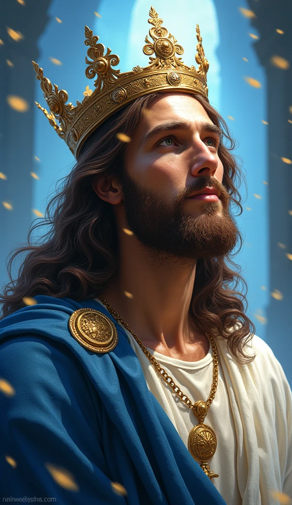 Jesus with a king's crown on his head, JesusChrist, the lord and savior, portrait of JesusChrist, Jesus of Nazareth, brilliant light masterpiece, jesus, greg olsen, king of kings, beautiful image already created, image background a kingdom of beautiful, blue and silver colors, sua mente contemplando a eternidade, glorious light,!! with a serene look and a slight smile!