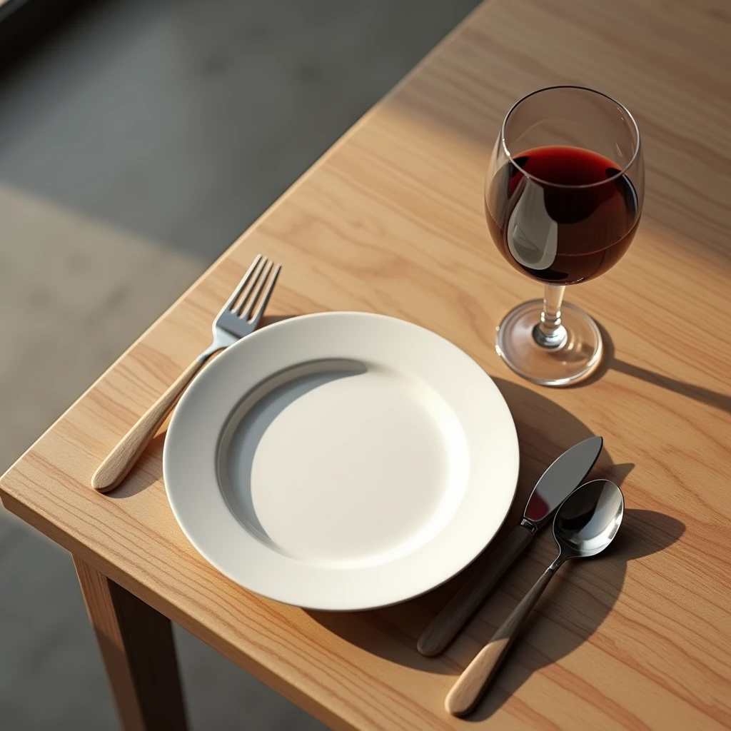 Table with plate and glass of wine seen from above. Still life style 