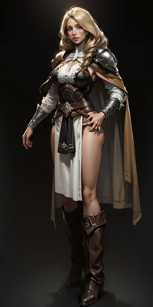 (masterpiece, best quality) (black background) full body standind straight symmetrical, FEMALE warrior princess Mercedez Von Martritz, twin big belt around waist, long curly blonde hair, very white skin, female wearing full body bikini armor with red cape, brown leather boots, adventurer outfit, veteran warrior milf bimbo