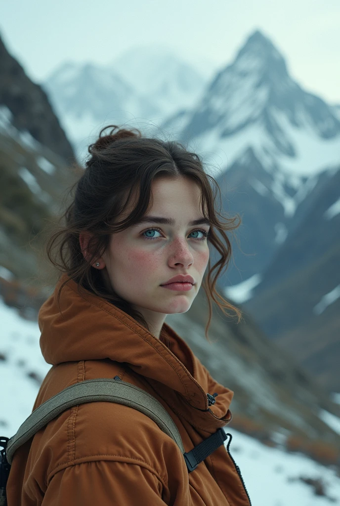 (photorealism:1.2), Create a girl resembling the influencer and singer Havanna Winter in the style of a 1972 Uruguayan photo of the Andes accident in the mountain range.