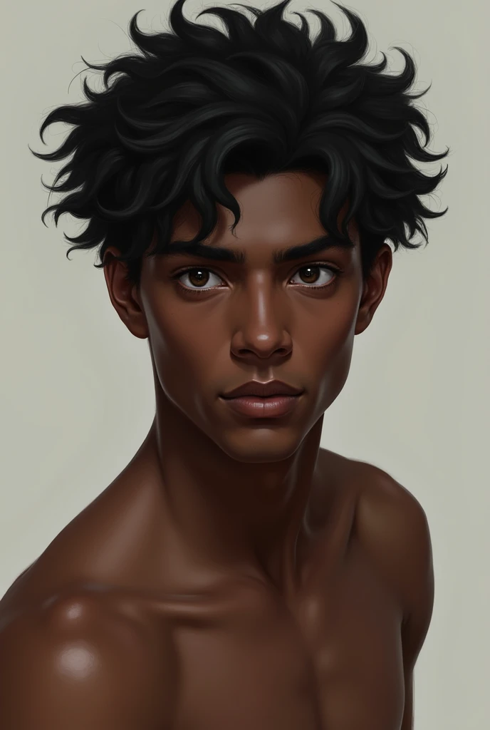 Male characters ,black curly hair , Dark skin color , smart,half strong half thin ,with half-white eyes