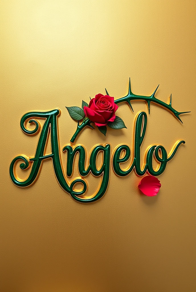 Creates an image that shows the name "Angelo" written in an elegant gold font with a green outline. The name has to be on a textured gold background. A green branch with thorns extends from the bottom of the "Â" in the name and curves above it, with a red rose in bloom at the tip. A red petal separate from the rose is also in the lower right corner of the name.