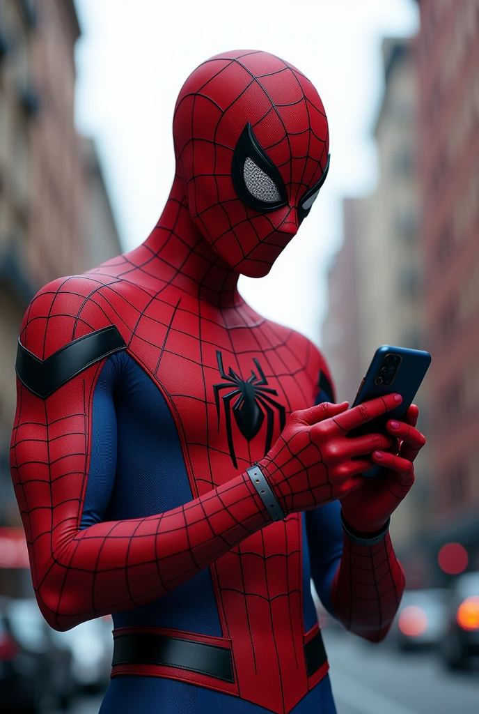 SPIDERMAN SHOWING A VIDEO ON THE SMARTPHONE IN HORIZONTAL.