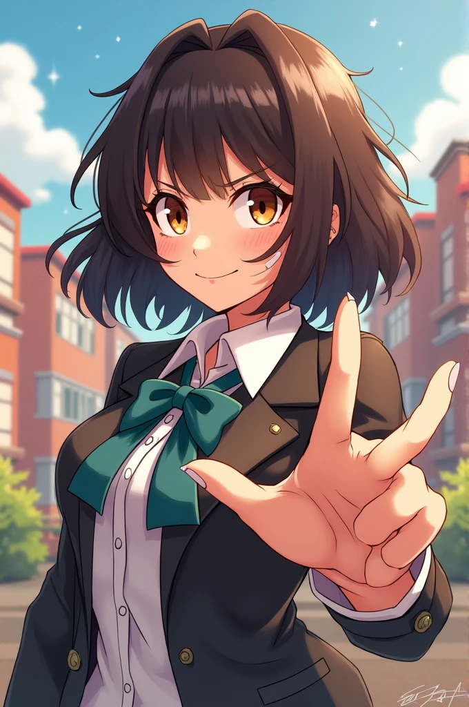 Boku no hero academia character,girl with dark brown shoulder length hair,cinnamon-colored skin,Huniform nail with tamaki