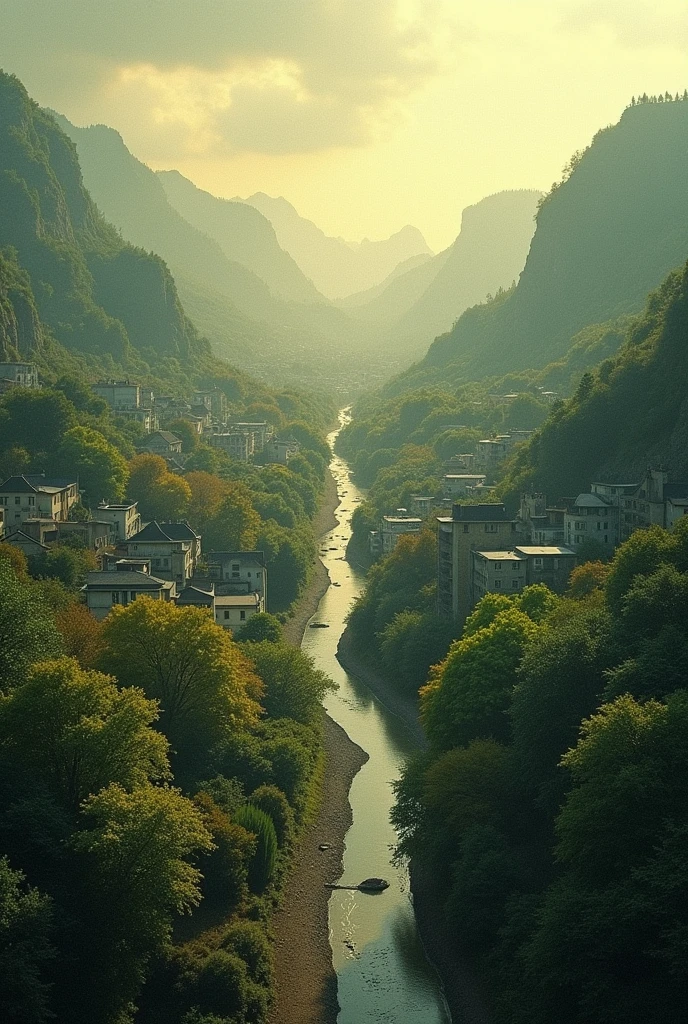 Create an image with two realities, one where there is a town without trees and grey and the other where there is a town with trees and sunshine.