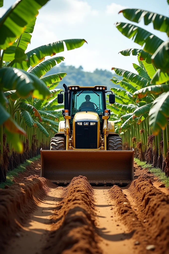A Caterpillar 416 F2 tractor making roads in banana plantations