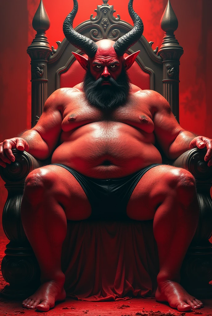 satan on his throne ruling, red skin, low swim trunks with bulge in the middle, chubby, hairy, bearded, high resolution, ultra-detailed, sharp focus, intricate details, detailed eyes, symmetrical eyes, expressive eyes, clear pupils, vibrant eyes, focused gaze, legs wide open ,left hand is holding the belly, king's expression is intimidating with a sense of authority