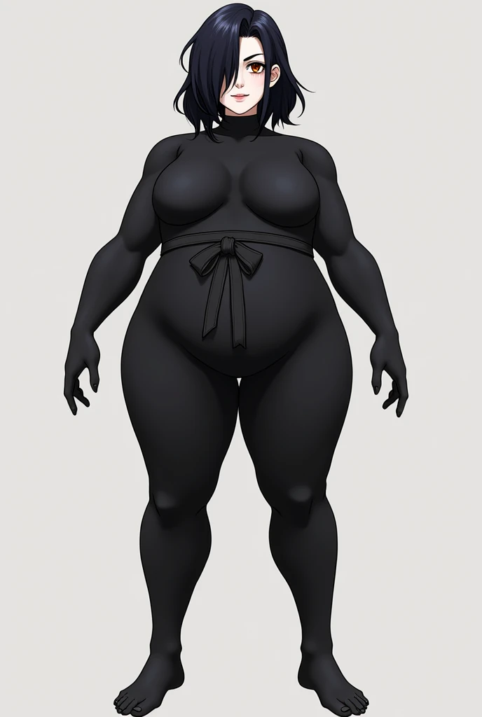 An animated female character with shoulder-length wavy dark hair, black, with an asymmetrical hairstyle that partially covers one side of her face. Very pale skin. His eyes are a deep brown color. She is wearing a black outfit that includes a long, tight-fitting bodysuit., with long sleeves and shorts. The bodysuit has a belt tied at the waist., that fastens in the front.  Wear gloves and barefoot, ambas black. Black nails. The posture and facial expression suggest that she is ready for a battle or quick action.. is high, she is an evil villainess, bloated belly, huge belly, biggest belly, sexy, sexy feet, bare bloated belly, inflated belly, small boobs, flat chest, full body, detailed face, 