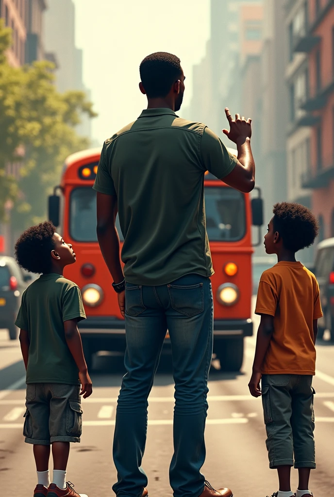 A black man with two boys pointing at a bus