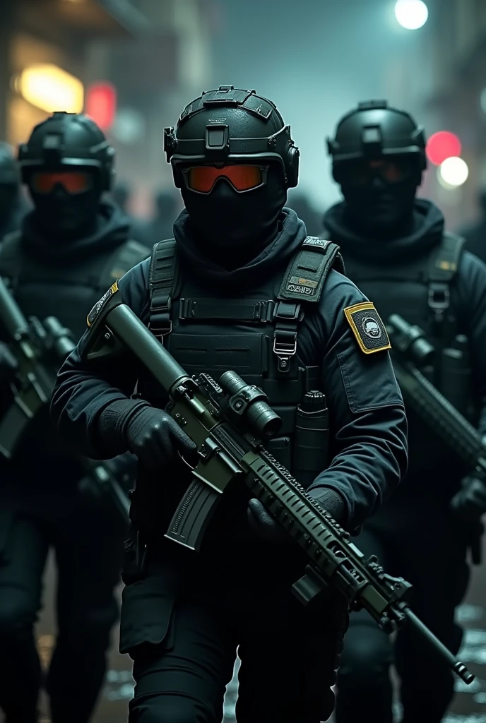 Three male soldiers in black uniform, balaclava, googles and fast helmets