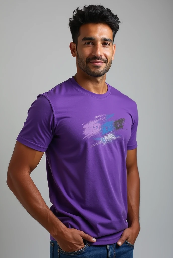 a real brazilian man standing with a purple t-shirt mockup