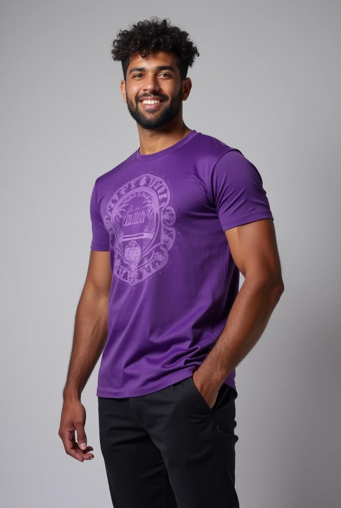 a real brazilian man standing with a purple t-shirt mockup