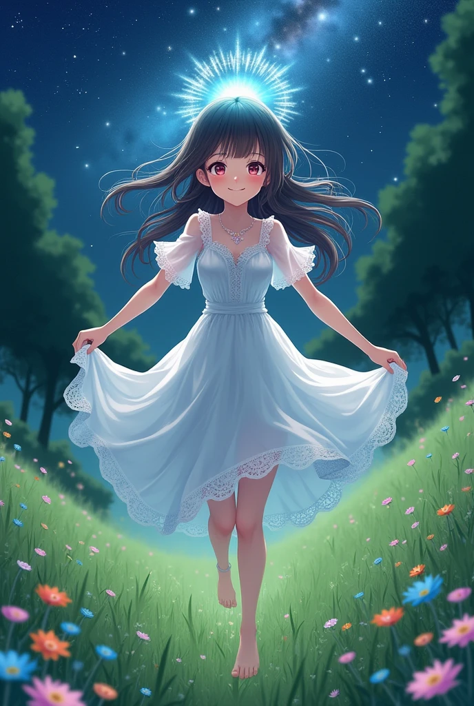 (masterpiece、Highest quality、8k、High resolution)、1 female、Beautiful eyes with slit length、Cute lips、Beautiful Nose、Brownish black hair、smile、(Best anime girl)、Green grassland with forest view、Walking,(Flying barefoot, high, high, high),Colorful flowers blooming in the field,A bright night with the stars clearly visible、milky way、Mysterious light particles from the whole body、Colorful light particles、A mysterious light shining around your head、melt、jewelry、necklace、White lace dress、(Beautiful full body style)、Highly detailed anime art、A complete portrayal、