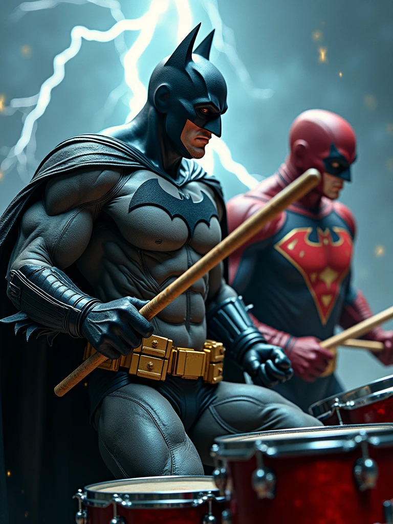 Rock Batman marvel holding a stick sitting playing drums with a background of thunder and very rock vibes.
