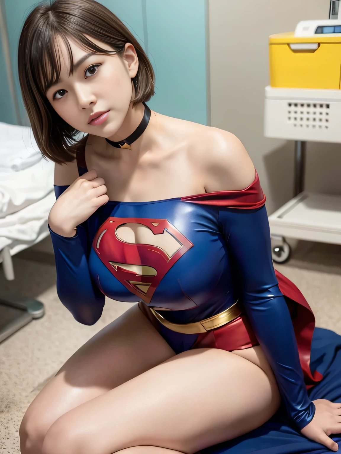 masterpiece、Rubber Supergirl Costume、short hair、barefoot、Big and ample breasts、looking at the camera、choker、Long sleeve、Cape、mini skirt、Off the shoulder、Sweaty skin、In front of medical equipment at the hospital、Photo magazine cover、Glamorous cleavage、Boasting beautiful legs、High leg leotard、Glamorous bare legs、Nymphomaniac young wife in her 30s、Close-up shot from the front、