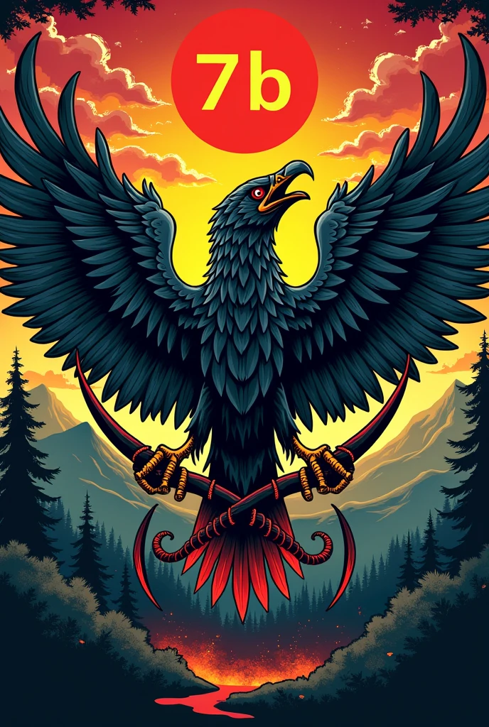 create a flag where in the background there are characteristics of the northeast, in the middle a caracara and two crossed sickles of death and behind the design the name 7b very large