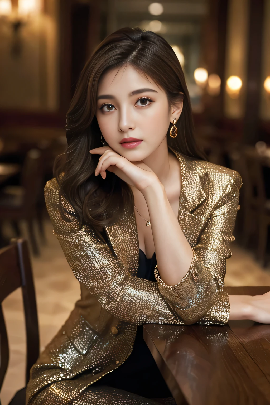masterpiece, Highest quality, Realistic, Very detailed, Finer details, High resolution, 8k wallpaper, One beautiful woman, Wear a nice suit, In a great restaurant, At night, Light brown messy hair, Perfect dynamic composition, Beautiful and beautiful eyes、Big earrings、Sit on a chair、