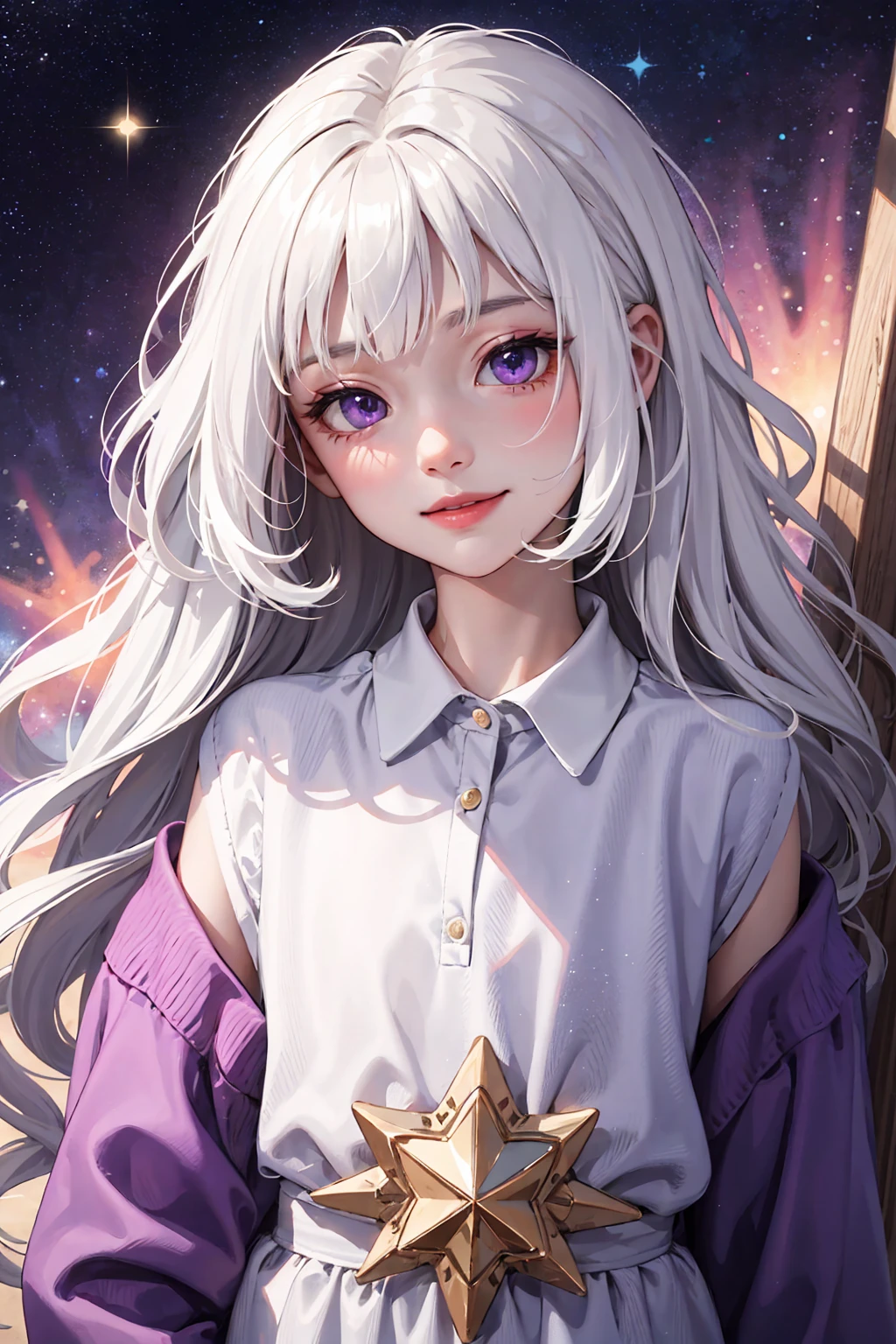 (masterpiece:1.2, best quality), (real picture, intricate details), 1kid, child, small girl, child girl, solo, upper body, space, long hair, minimal makeup, natural fabrics, close-up face, smile, long messy white hair, messy long hair, wavy white hair, wavy long messy hair, white hair, bangs, Korean bangs, bangs on forehead, purple eyes, galaxy eyes, purple sparkling eyes, fancy clothing, fancy oversized clothing, long sleeves, clothing galaxy themed, galaxy imprinted oversized, child, ???, small, tiny, purple eyes, star universe eyes