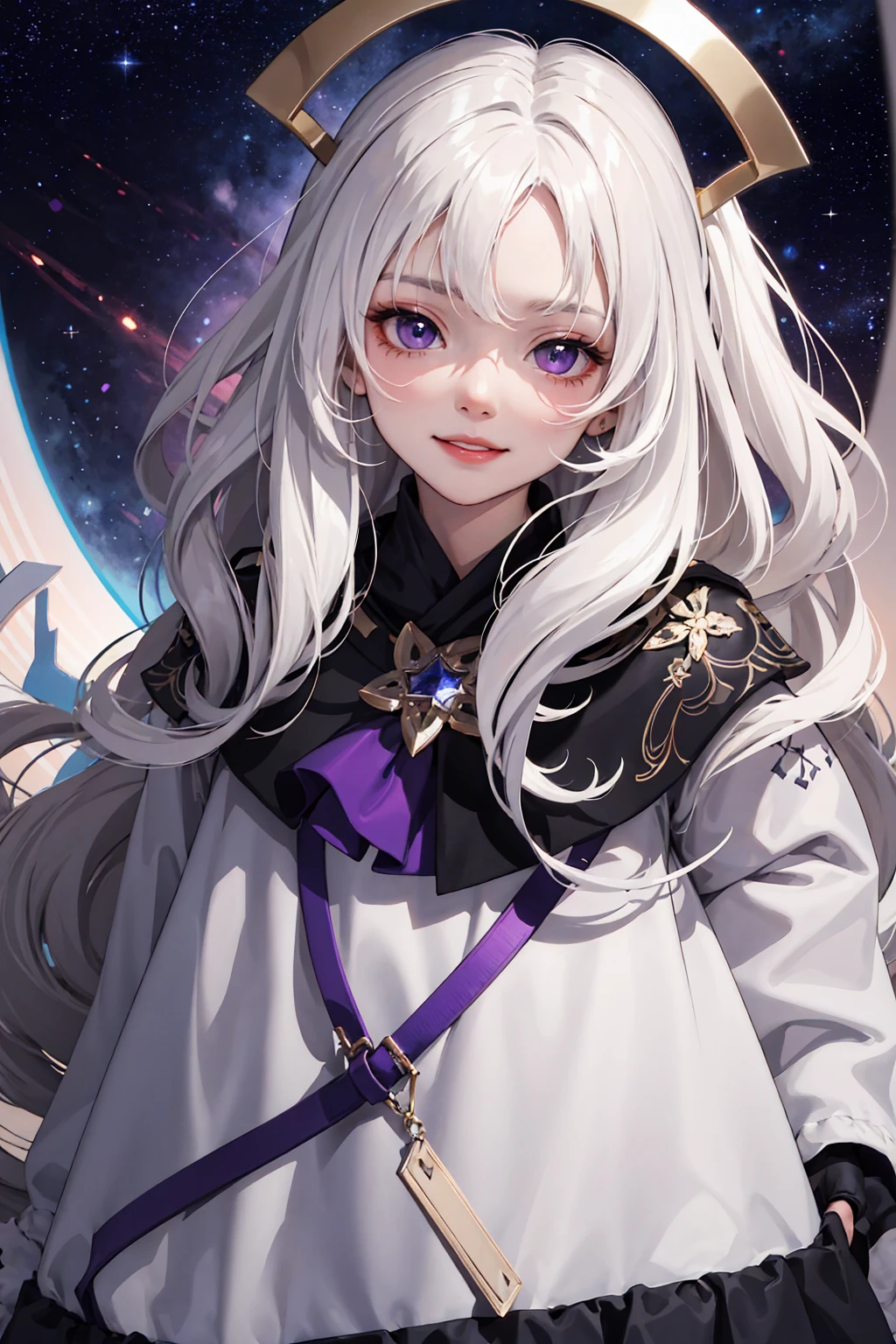 (masterpiece:1.2, best quality), (real picture, intricate details), 1kid, child, small girl, child girl, solo, upper body, space, long hair, minimal makeup, natural fabrics, close-up face, smile, long messy white hair, messy long hair, wavy white hair, wavy long messy hair, white hair, bangs, Korean bangs, bangs on forehead, purple eyes, galaxy eyes, purple sparkling eyes, fancy clothing, fancy oversized clothing, long sleeves, clothing galaxy themed, galaxy imprinted oversized, child, ???, small, tiny, purple eyes, star universe eyes