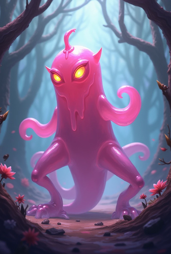 Zac de league of legends( transparent pink slime monster with yellow eyes and scary with an antenna on its head it is in the middle of a soft and translucent forest humanoid shape )