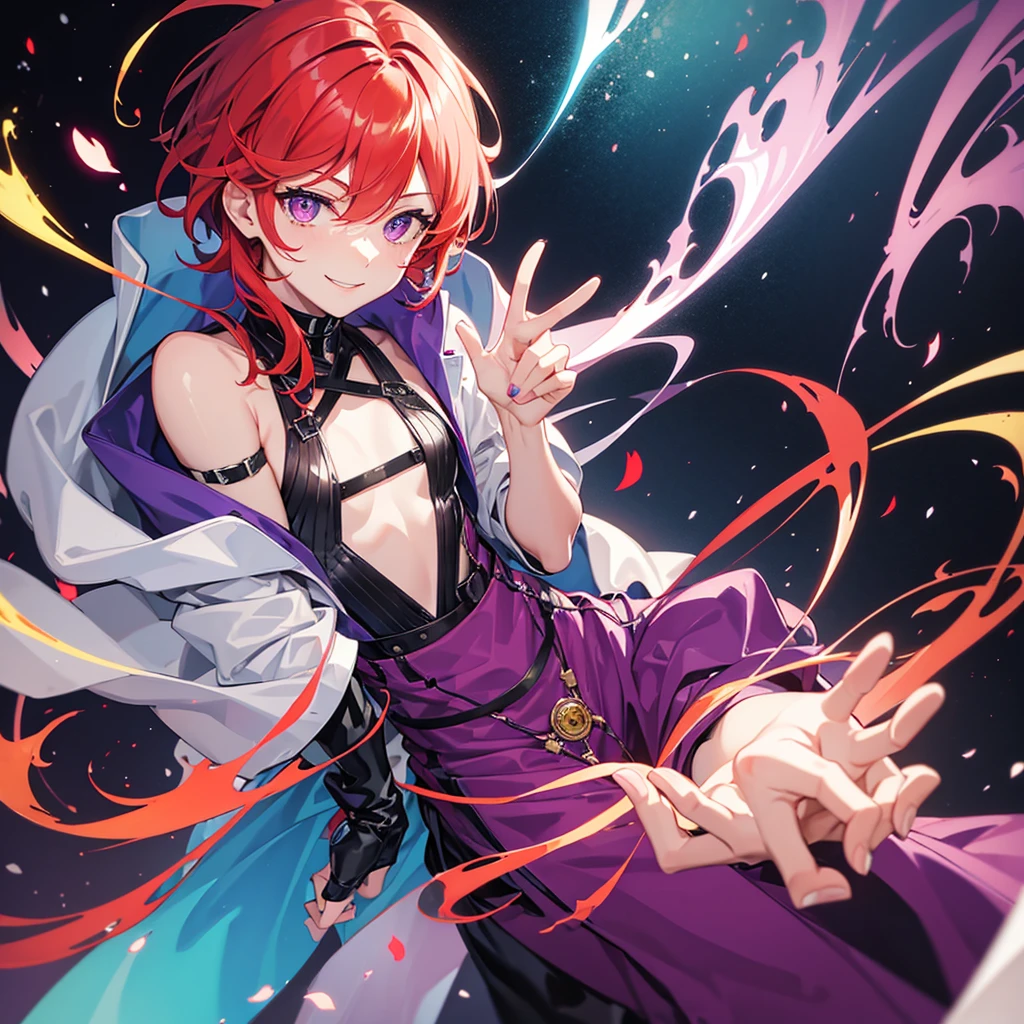 One guy with red hair, Eyes on a mix of purple and cyan, Dressing wanderer clothes, with a tiny fire on his finger,
Smilling