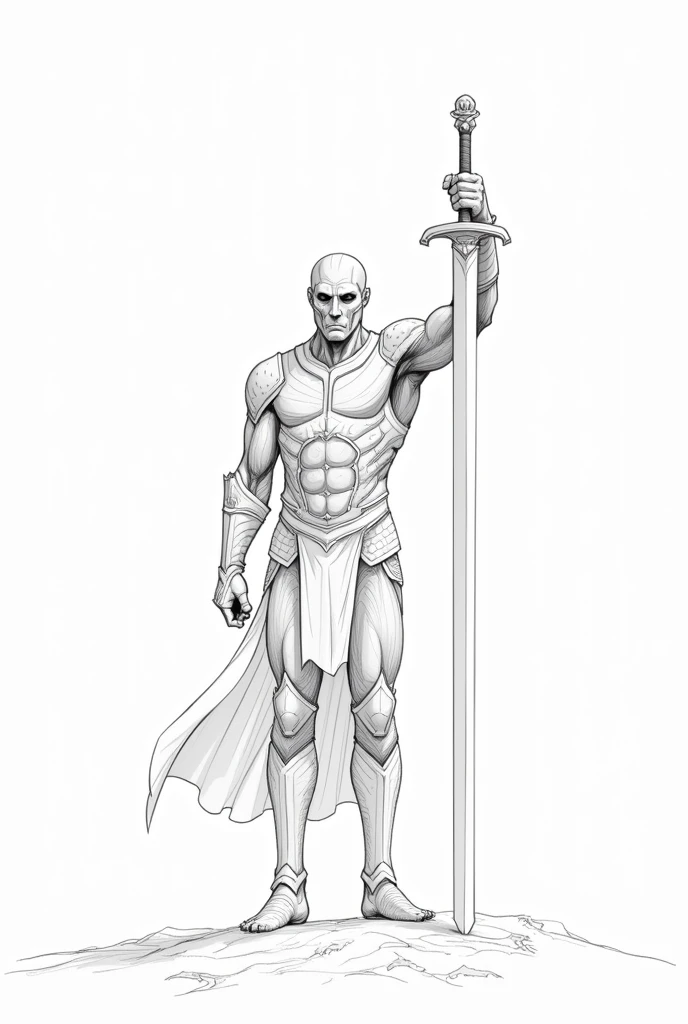 draw only with lines a paladin holding a sword from the front without armor
