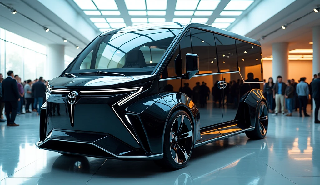 a luxury back view Toyota Hiace MPV Van mixed with tesla cybertruck, electric car, futuristic full Glass design, in a showroom with a lots people