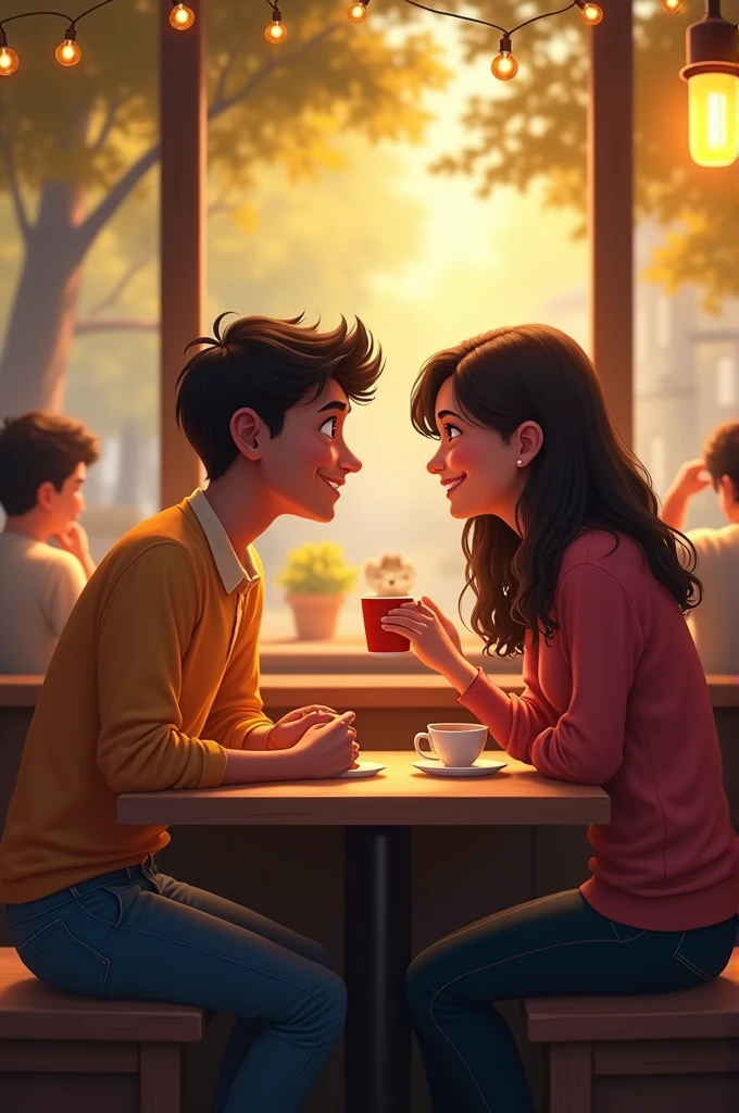 Friendship Blossoms:
"Aniket and Priya sitting together in a cozy college café. They are laughing and chatting, surrounded by a warm atmosphere. The background shows other students enjoying their time, but the focus is on their growing bond. Their connection is visible in their smiles and the way they look at each other."