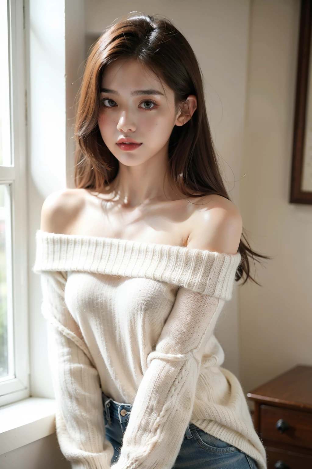 ((best quality)), ((masterpiece)), (detailed), 1girl, off-shoulder sweater,
