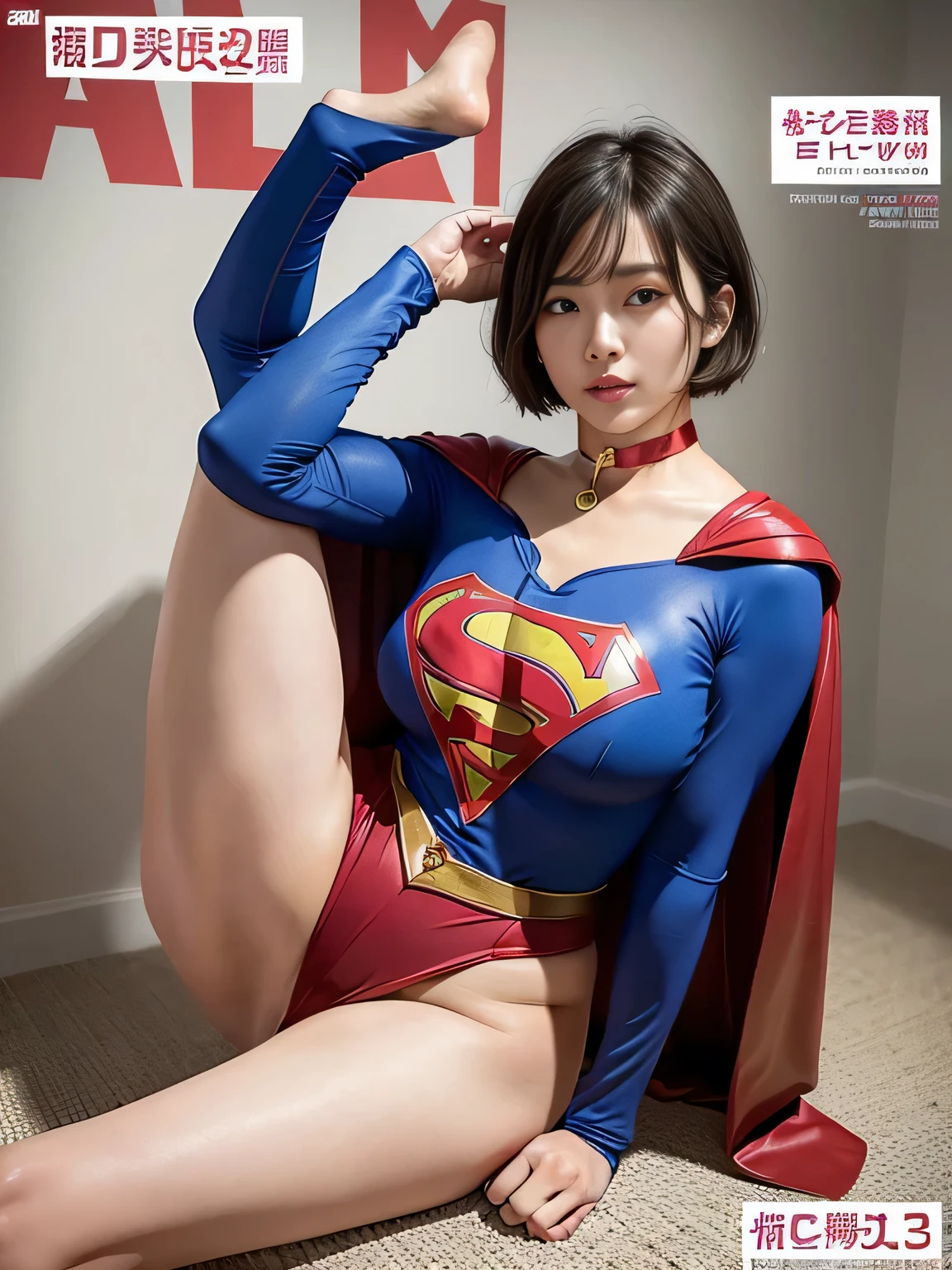 masterpiece、Rubber Supergirl Costume、short hair、barefoot、Big and ample breasts、looking at the camera、choker、Long sleeve、Cape、mini skirt、Off the shoulder、Sweaty skin、In front of medical equipment at the hospital、Photo magazine cover、Glamorous cleavage、Boasting beautiful legs、High leg leotard、Glamorous bare legs、Nymphomaniac young wife in her 30s、Close-up shot from the front、