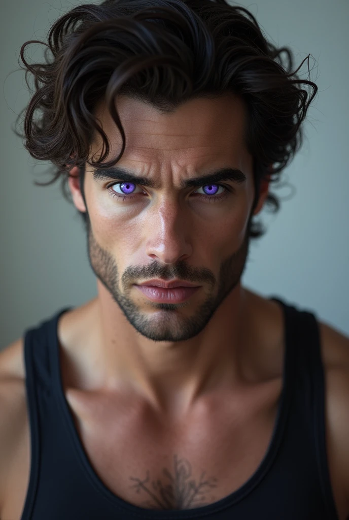 Man with defined eyes purple well-defined violet eyes asymmetrical malicious look picaro face tank top beautiful violet eyes irises defined popular defined violet iris smooth malicious eyes malicious look definition HD rendering 32k rendering ultra hyperrealistic award-winning photo violet defined eyes violet asymmetrical eyes with detailed pupils and asymmetrical iris violet round iris asymmetrical round violet eyes