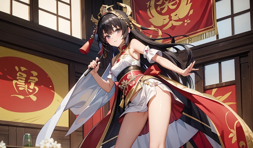 Black-haired flat-chested girl,Hairpin,Chinese imperial concubine clothing,thigh,Standing,Chinese Palace,