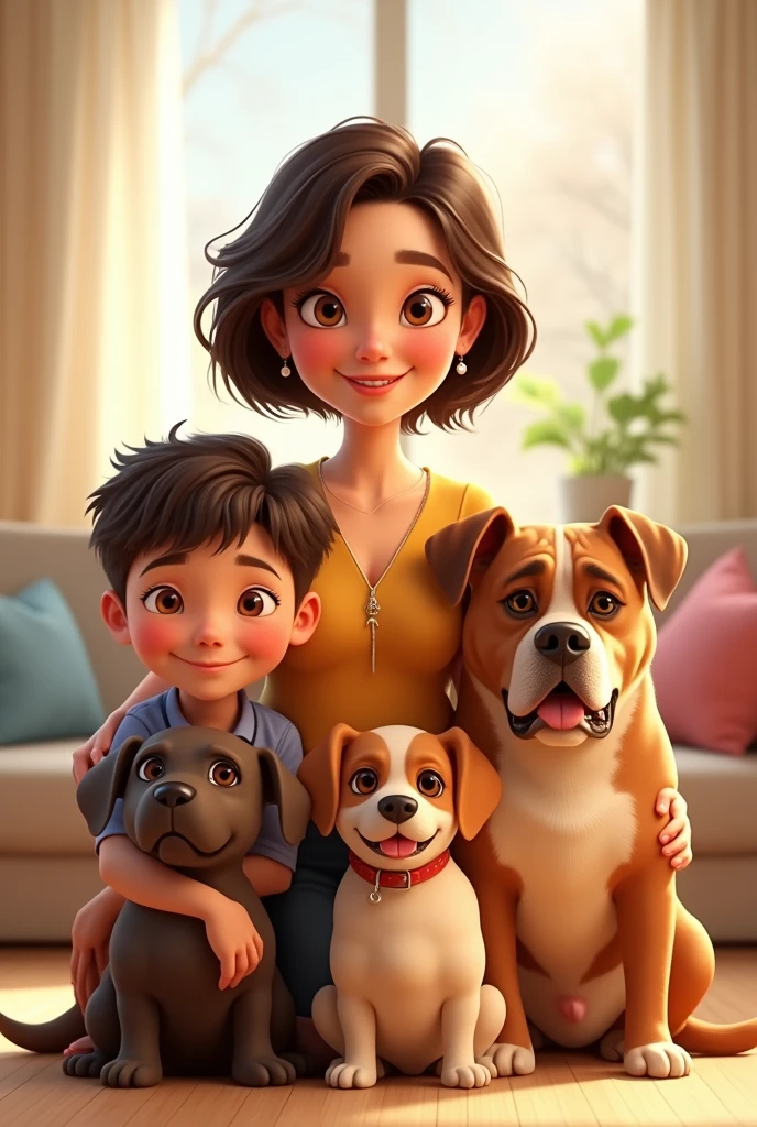 Create a family photo of 3 people, a mother with her two children. The mother must be a 6 woman with black hair, short to her shoulders, a small nose, tender brown eyes, and a chubby body. His male son, 2, short brown hair, athletic, sporty, with a short beard, beautiful smile and tender brown eyes. His daughter, wife, 3, brown hair tied up in a bun and parted in the middle, pearl earrings, tender eyes with large glasses, a small nose and a tender smile, plump with body curves. This family has 3 dogs, a small white poodle puppy with light brown ears. A cheerful white medium Jack Russell dog with brown spots and a patch over his right eye. And the last big, fat pitbull dog, with light tan fur. More serious but face of good. The image must be illustrated 3d cartoon, Pixar Disney type,