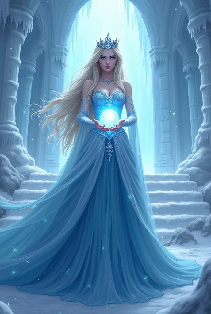 The snow queen,Ice Blue Skirt,Little Queen'crown,Long blonde hair,Blue Eyes,anger,Ice palace stairs background,Holding a blue crystal ball in both hands, Unleash the Blizzard Magic,Very high resolution,Full body portrait,(((Upper body close-up:1.4)))
