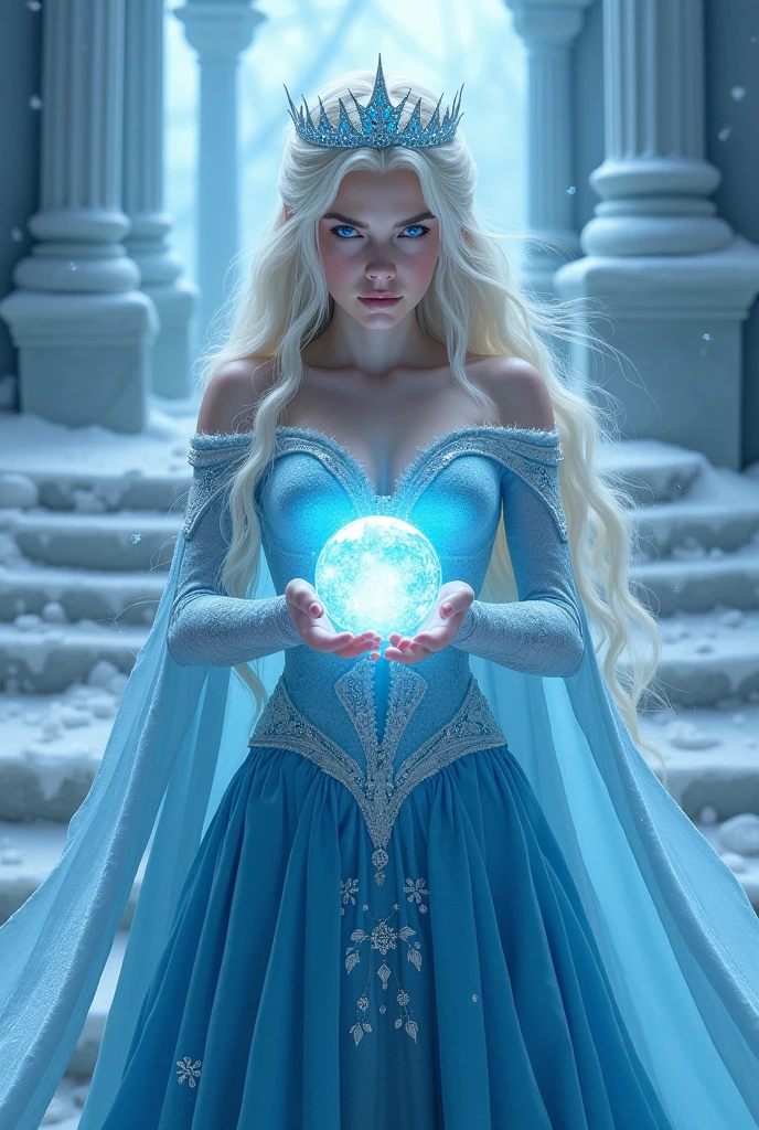 The snow queen,Ice Blue Skirt,Little Queen'crown,Long blonde hair,Blue Eyes,anger,Ice palace stairs background,Holding a blue crystal ball in both hands, Unleash the Blizzard Magic,Very high resolution,Full body portrait,(((Upper body close-up:1.4)))