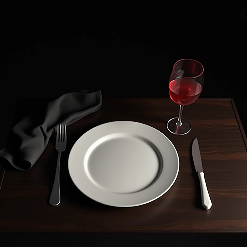 Table with plate and glass of wine seen from above. Black background Still life style