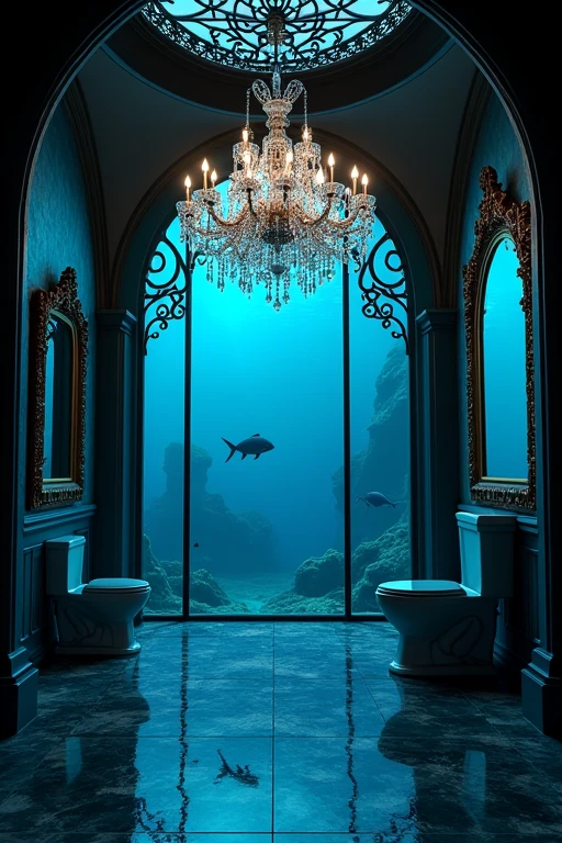 Gothic architecture, chandelier, black and blue atmosphere, house in the sea、The windows are big and fish are swimming outside、mirror、Decorative Picture Frame、The ceiling has a black iron lattice.、The room is separated from the sea by a glass window.、Toilet cubicle、Fully glazed、There are fish outside、The floor is also made of glass
