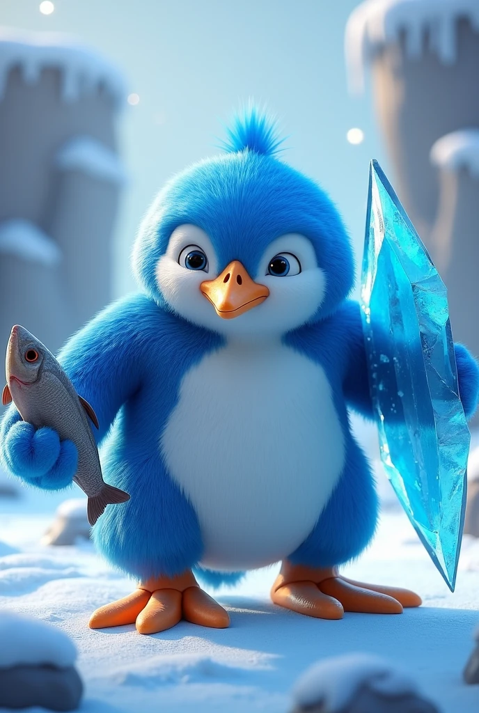 A blue penguin, from a game, 3D, facing forward diagonally with a normal fish in one hand and an ice shield in the other, A warrior