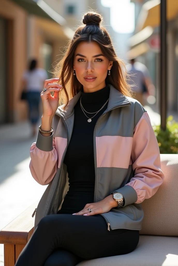 Full body beautiful white curvy hourglass body shape italian woman, 5'8" tall, medium tied brown hair, deep brown round eyes, wearing closed zip up gray and light pink nylon collared windbreaker shell jacket, black bell bottom pants, rolled up sleeves, zipping up jacket, up collar, black turttleneck collar shirt under jacket, happy smile, sitting on sofa on shopping center, high hill sandals, summer sunny day, bag, braces, watch and bracelet, neck chain, ear rings, crossing legs, hand on hair