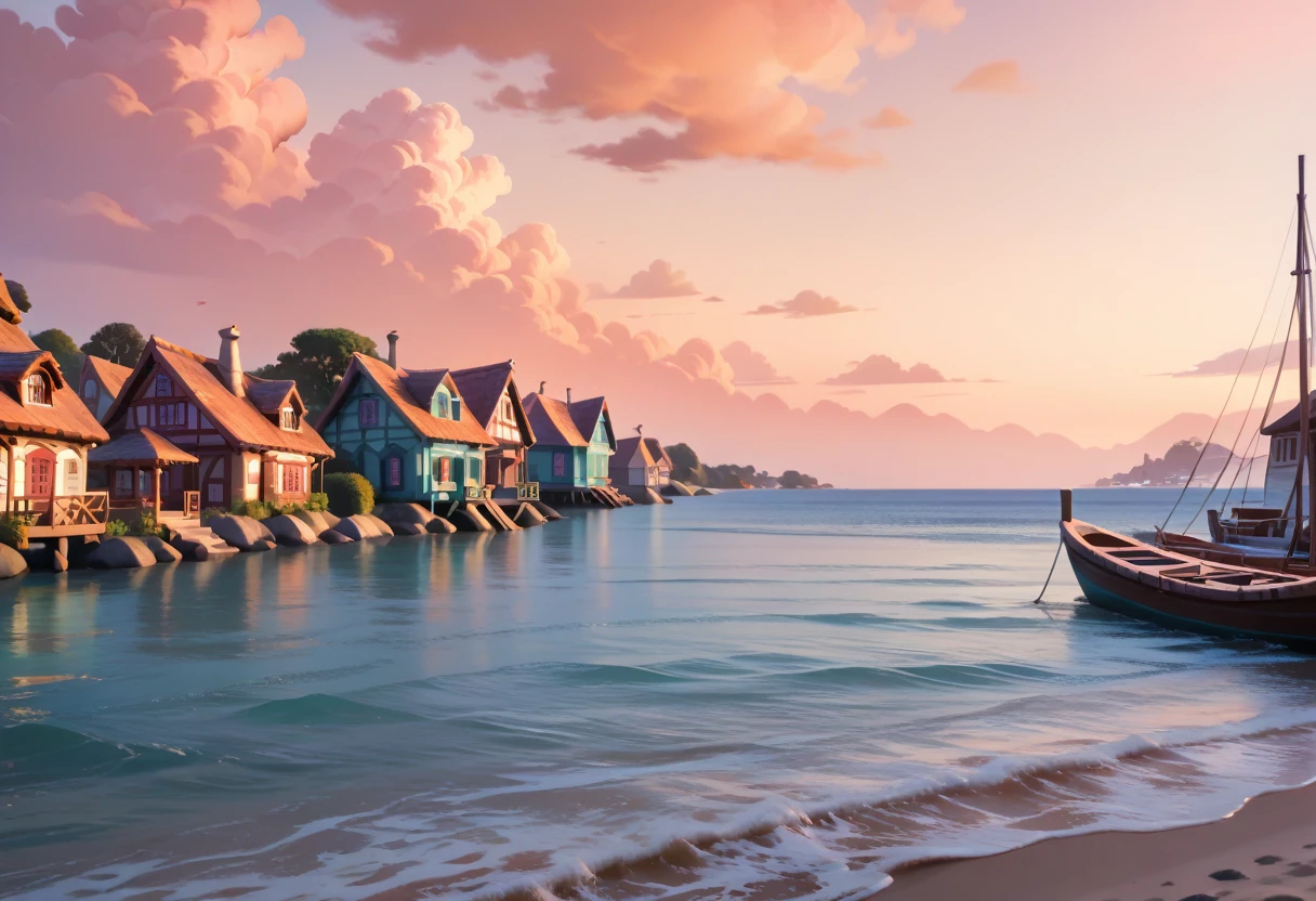 bay pier, small houses, poor houses, dusk, twilight, orange skies, masterpiece quality, ultra HD, 4K, best quality