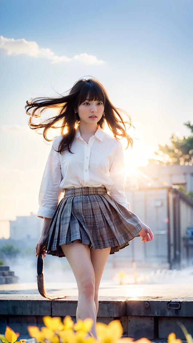 Drawing from below:1.53,One Girl、Beautiful and detailed eyes and face、barefoot、Cute Japanese Girl, ((Extremely precise and accurate anatomy:1.0)), (photo Realistic:1.4), (hyper Realistic:1.4), (最高品質のRealisticな肌の質感:1.4), (Improvement of quality:1.4), (Enhances the beauty of skin texture:1.1), Clean and glowing skin, mesh, thin:1.2, (Realistic:1.3), Realisticなライティング, (Smoother lighting:1.05), (Improving the quality of cinema lighting:0.9), Backlight, A gentle light for your face, Ray Tracing, (Bright light:1.2), 32K, One Japanese woman, fine grain, Detailed face, (Film Grain:1.1),(Accentuates body lines:1.1), High resolution, Natural look, Kind eyes, Improves hair quality, Delicate light and shadow, Transparent muscles, Graceful pose, Beautiful Eyes, Sharp details, Soft light reflection, Beautiful contours, Delicate skin tone, Fine hair texture, Natural background, (((sunnyた日、School Area、A strong wind is blowing、Her hair and skirt are flying、 Open shirt、Pleated skirt、stroll:1.25、Light of the sun、sunny、stage、Blue sky and white clouds、The joy of youth)))、