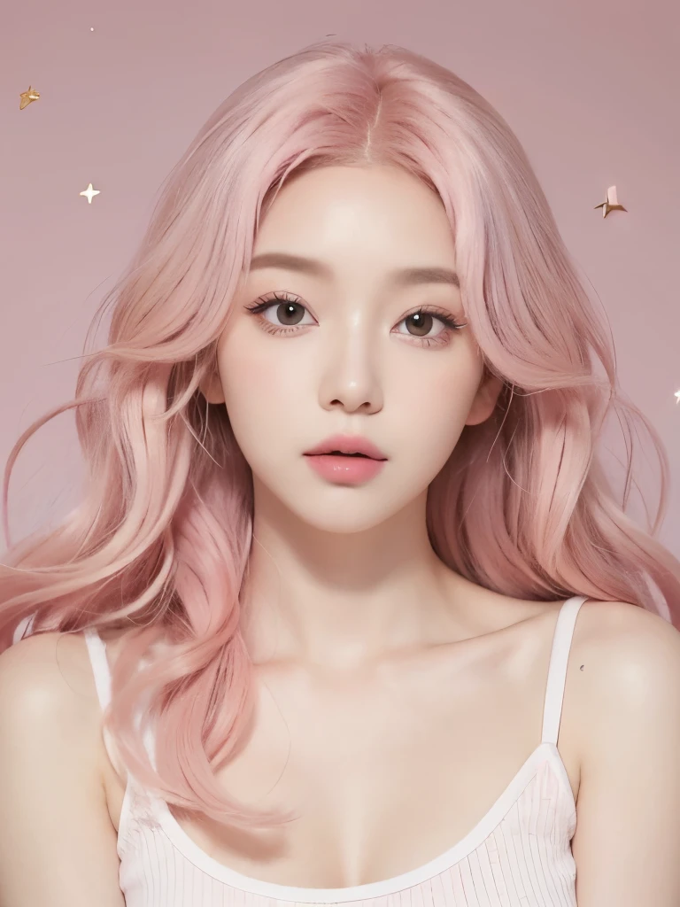 Kim Jenni with pink hair, light pink hair, with curls, con un clip de estrella en su light pink hair, brown eyes, beautiful eyes,pretty, upturned nose, pretty lips, pastel pink lips, Cupid's heart shaped lips, pale white skin, pretty skin, skin with all pink, with freckles and moles all over the body, pink natural makeup, suave blush, with a necklace around his neck, Skinny body,iemtras is wearing a loose shirt with prints, loose shirt, with a long skirt, black color, pretty skirt with fabric, black color, (big breasts, soft breasts, Beautifuls breasts), Looking to the camera