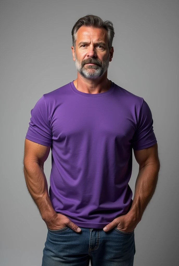 a real man standing with a purple t-shirt mockup