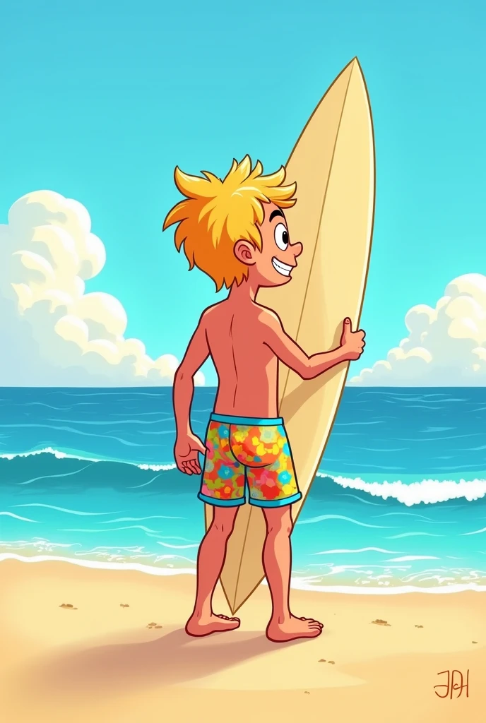 create a blond man on the beach with beach shorts without a shirt, holding a surfboard in his hand facing the sea, but the man must be like a children's cartoon (cartoon), I want the man facing the sea, Back to photo