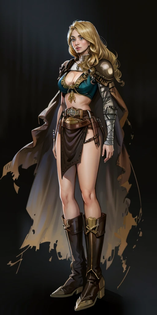 (masterpiece, best quality) (black background) full body standind straight symmetrical, FEMALE warrior princess Mercedez Von Martritz, twin big belt around waist, long curly blonde hair, very white skin, female wearing full body bikini armor with red cape, brown leather boots, adventurer outfit, veteran warrior milf bimbo